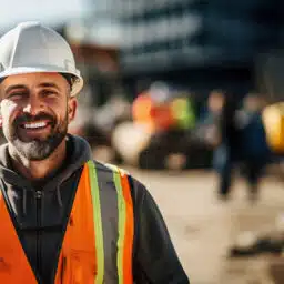 man with safety hat on at construction site in Centennial, CO